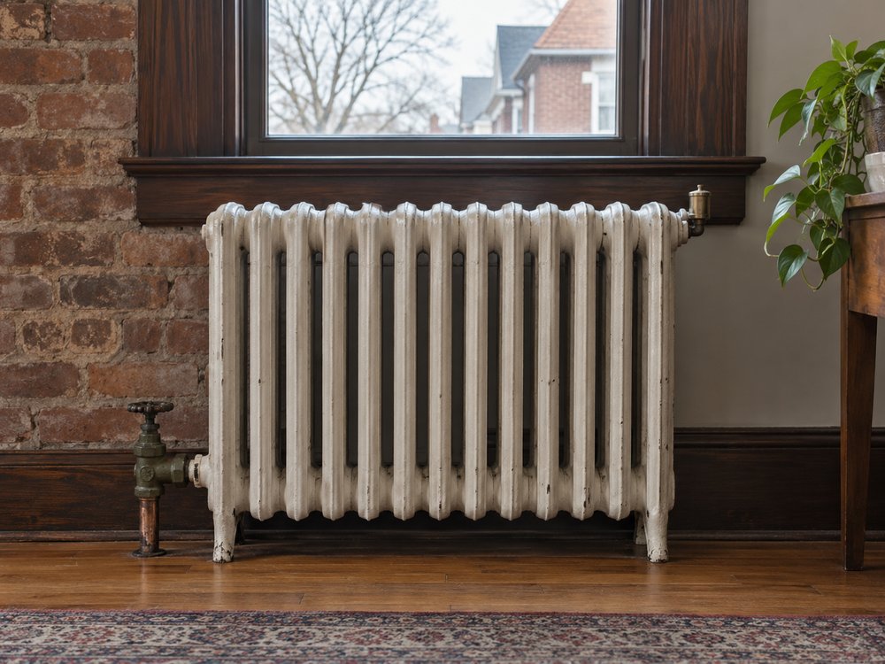 Illustrative HVAC scene: A cast-iron radiator in a Buffalo house with its air vent and supply valve, beneath a window.